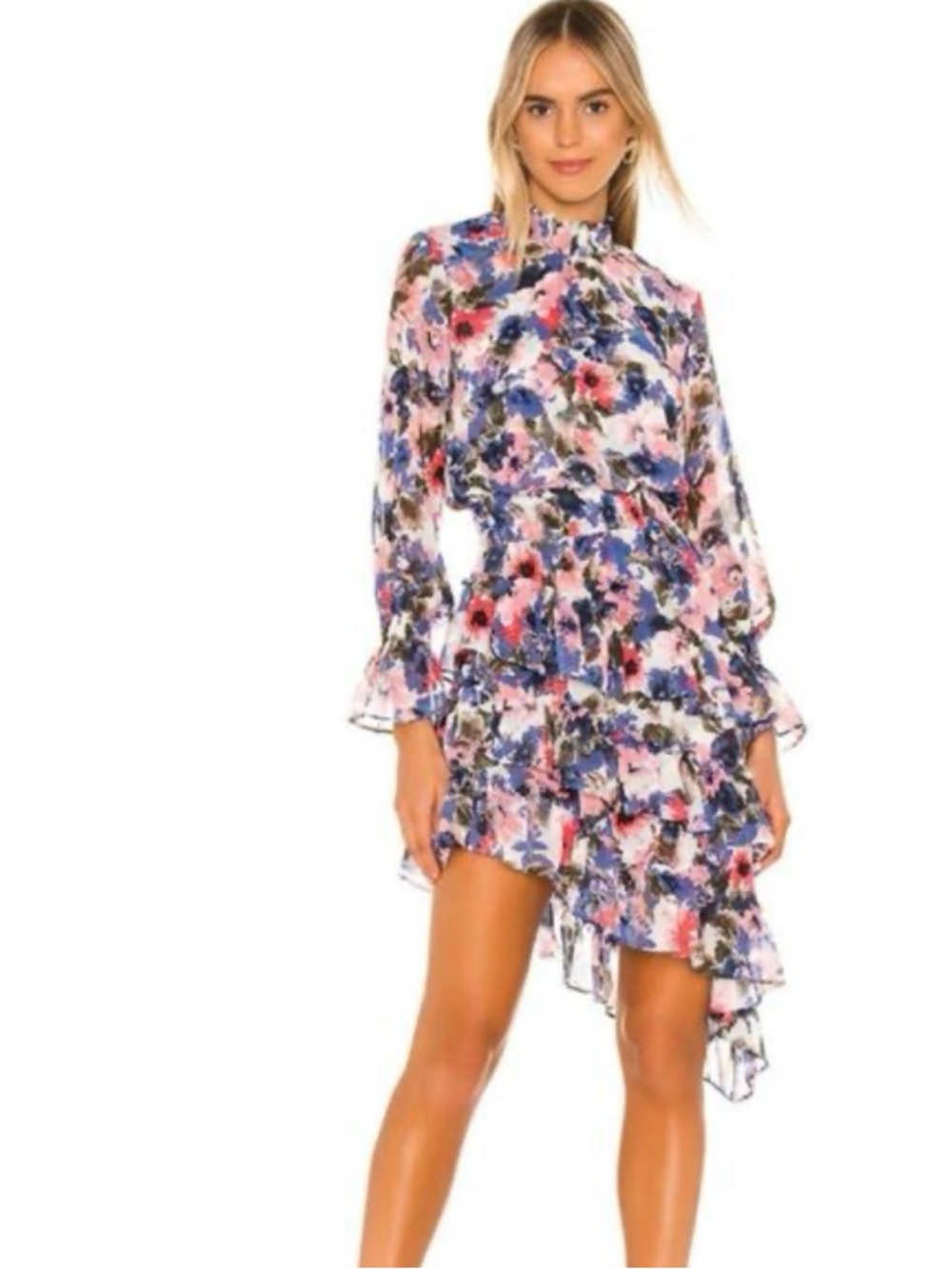 Misa Los Angeles Savanna Floral Asymmetrical Ruffle Layer Dress Size M Mock Neck